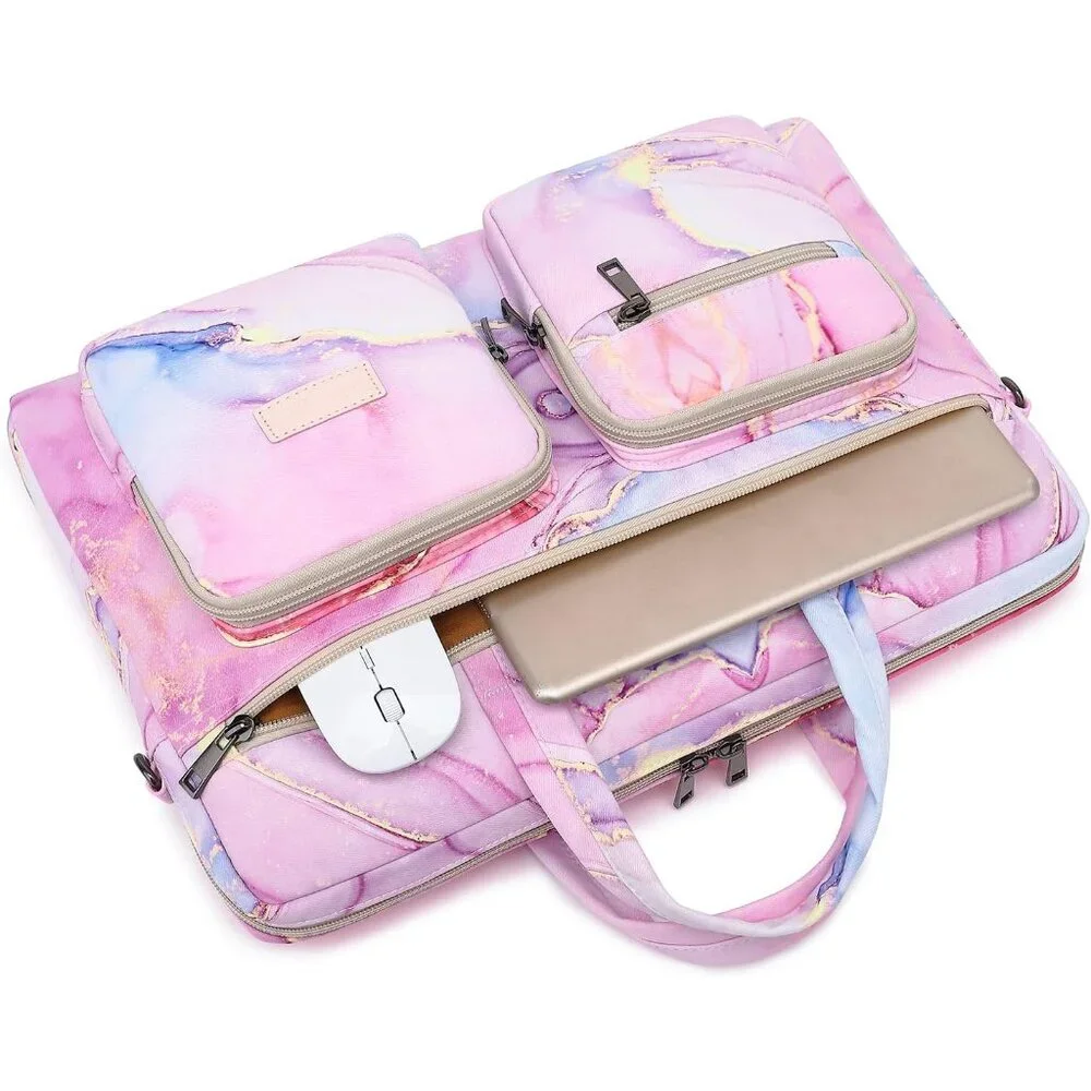 Pink Marble Laptop Tote Bag with Multiple Pockets